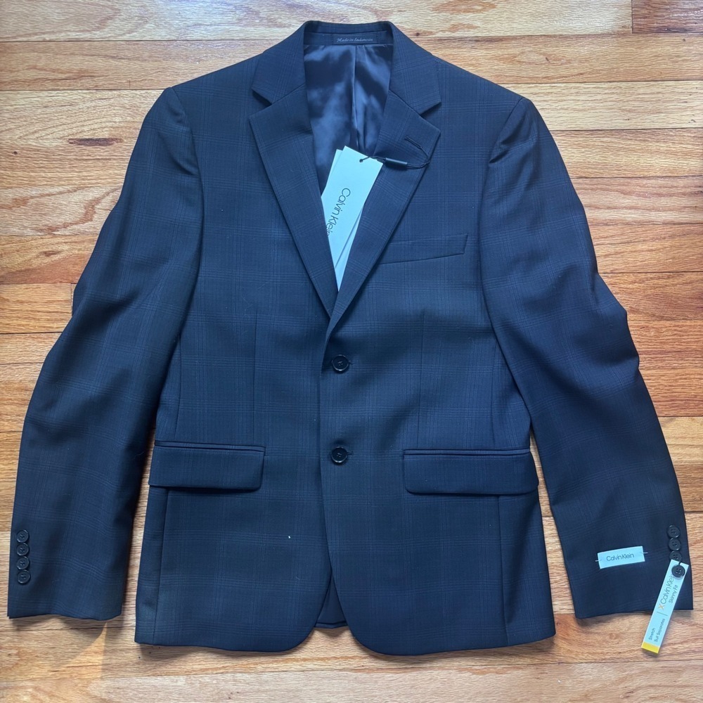 Calvin Klein Mens Black Plaid Wool Blend Suit Blazer Jacket 38 Short MSRP $450